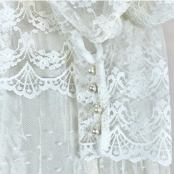 VINTAGE 70s wedding dress prairie bridal‎ gown flouncy ruffle lace long sleeve - Picture 5 of 16